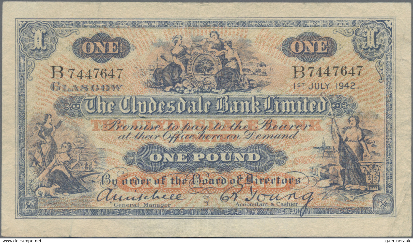 Scotland: The Clydesdale Bank Limited, Pair With 1 Pound 1942 (P.189c, F+/VF) An - Otros & Sin Clasificación