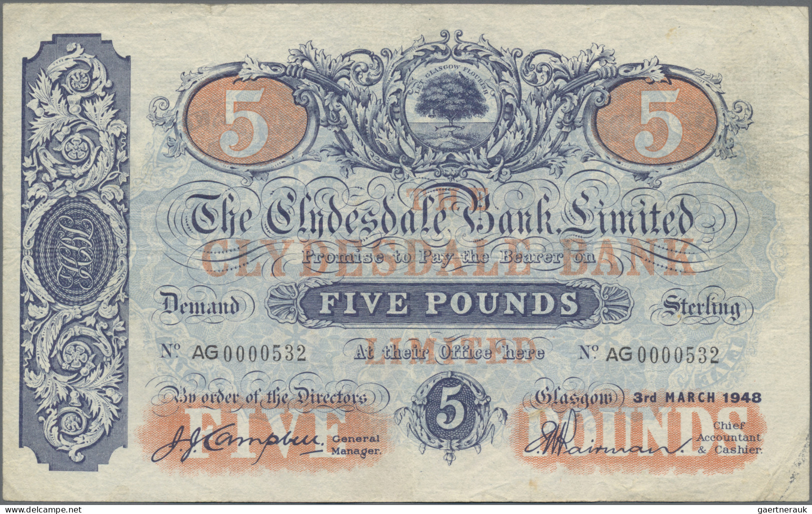 Scotland: The Clydesdale Bank Limited, 5 Pounds 3rd March 1948, P.190, Still Nic - Andere & Zonder Classificatie