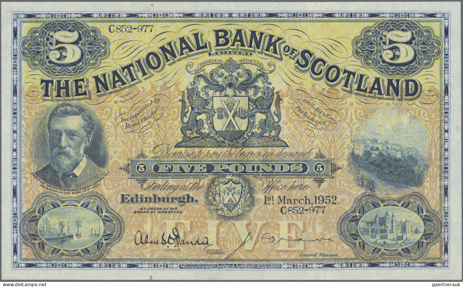 Scotland: The National Bank Of Scotland, 5 Pounds 1st March 1952, P.259d, Excell - Sonstige & Ohne Zuordnung