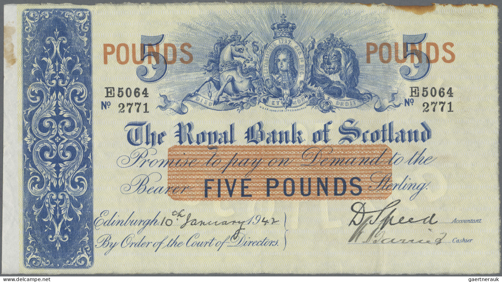 Scotland: The Royal Bank Of Scotland, 5 Pounds 10th January 1942, P.317b, Except - Otros & Sin Clasificación