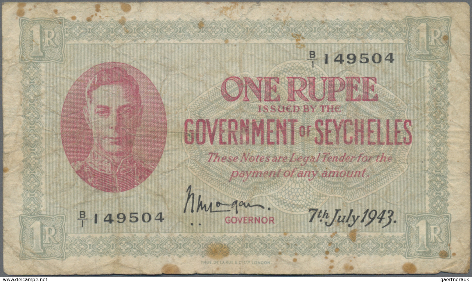 Seychelles: The Government Of Seychelles, 1 Rupee 7th July 1943, P.7a, Minor Mar - Seychellen