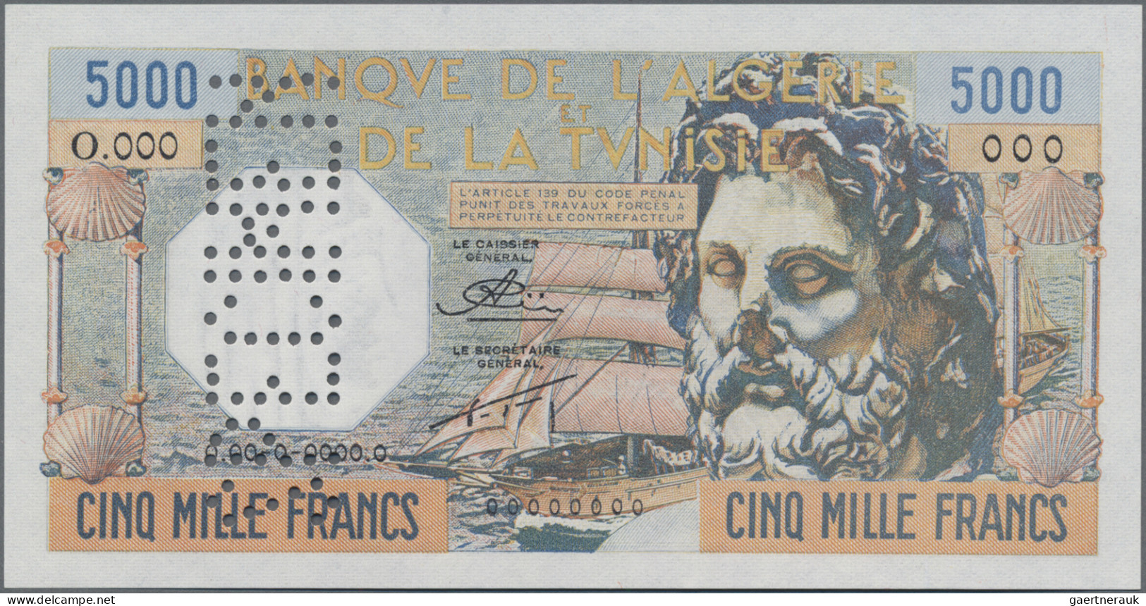 Tunisia: Banque De L'Algérie Et De La Tunisie, 5.000 Francs XXXX SPECIMEN, Uniss - Tunisie