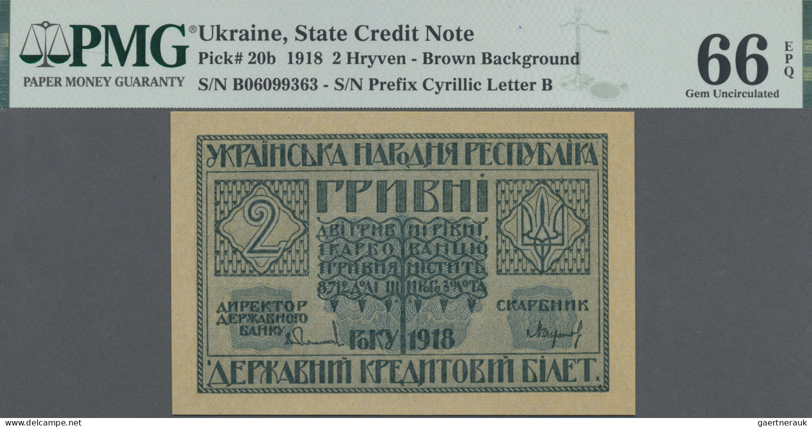 Ukraina: State Credit Note, 2 Hryvni 1918 With Prefix Б, P.20b, PMG Graded 66 Ge - Ucraina