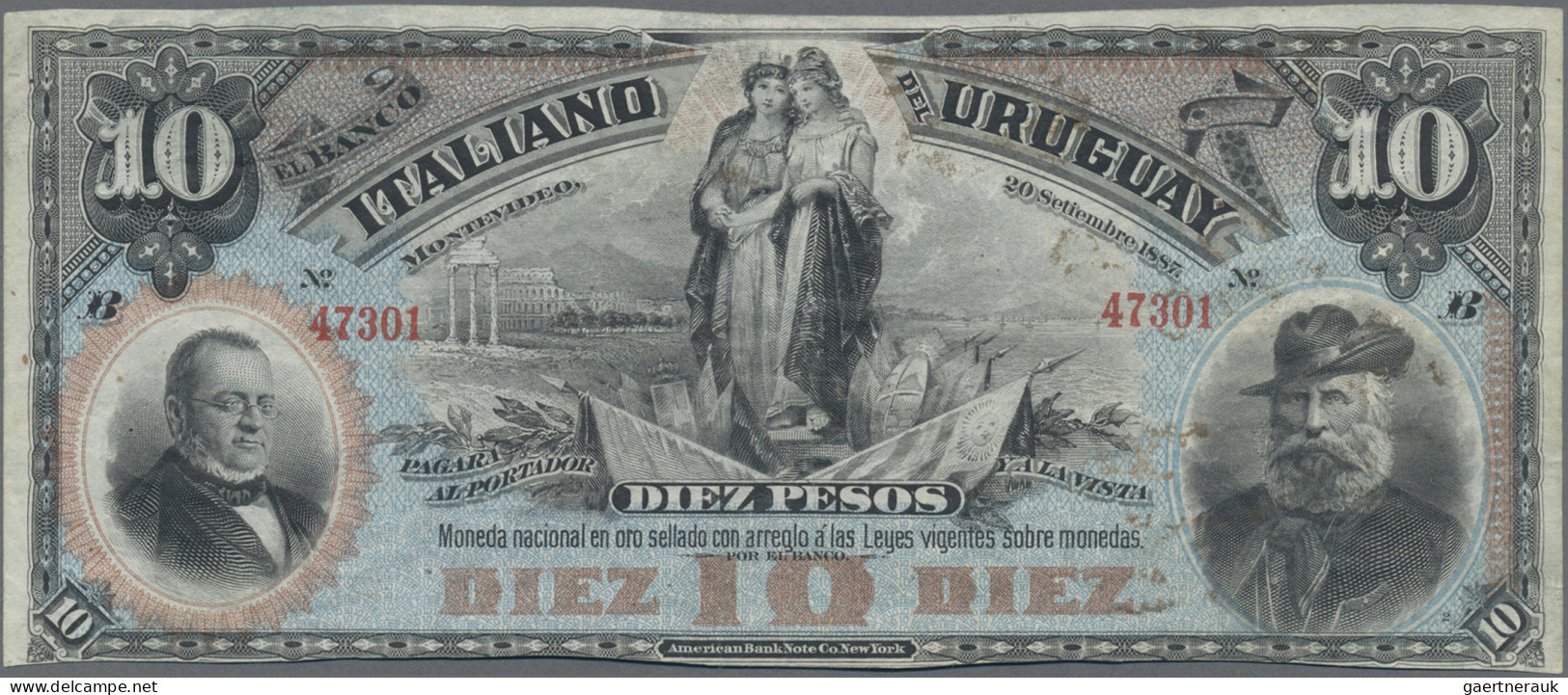 Uruguay: El Banco Italiano Del Uruguay, Pair With 10 Pesos 1887 REMAINDER (P.S21 - Uruguay