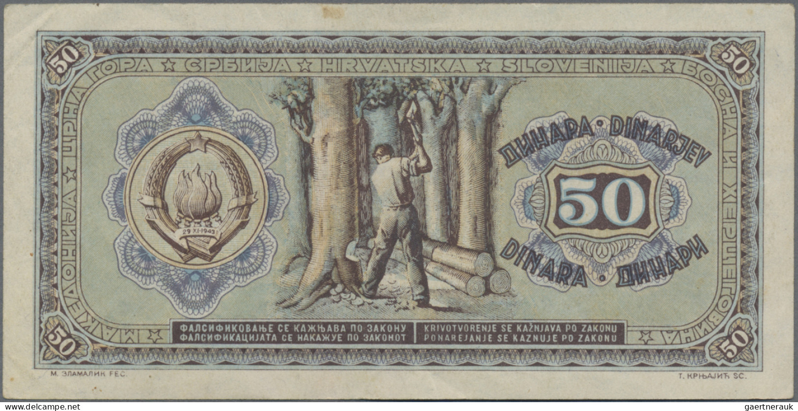 Yugoslavia: Set Of 6 Notes 50 Dinara 1945, P.64a. Condition: VF To UNC. (6 Pcs.) - Yugoslavia
