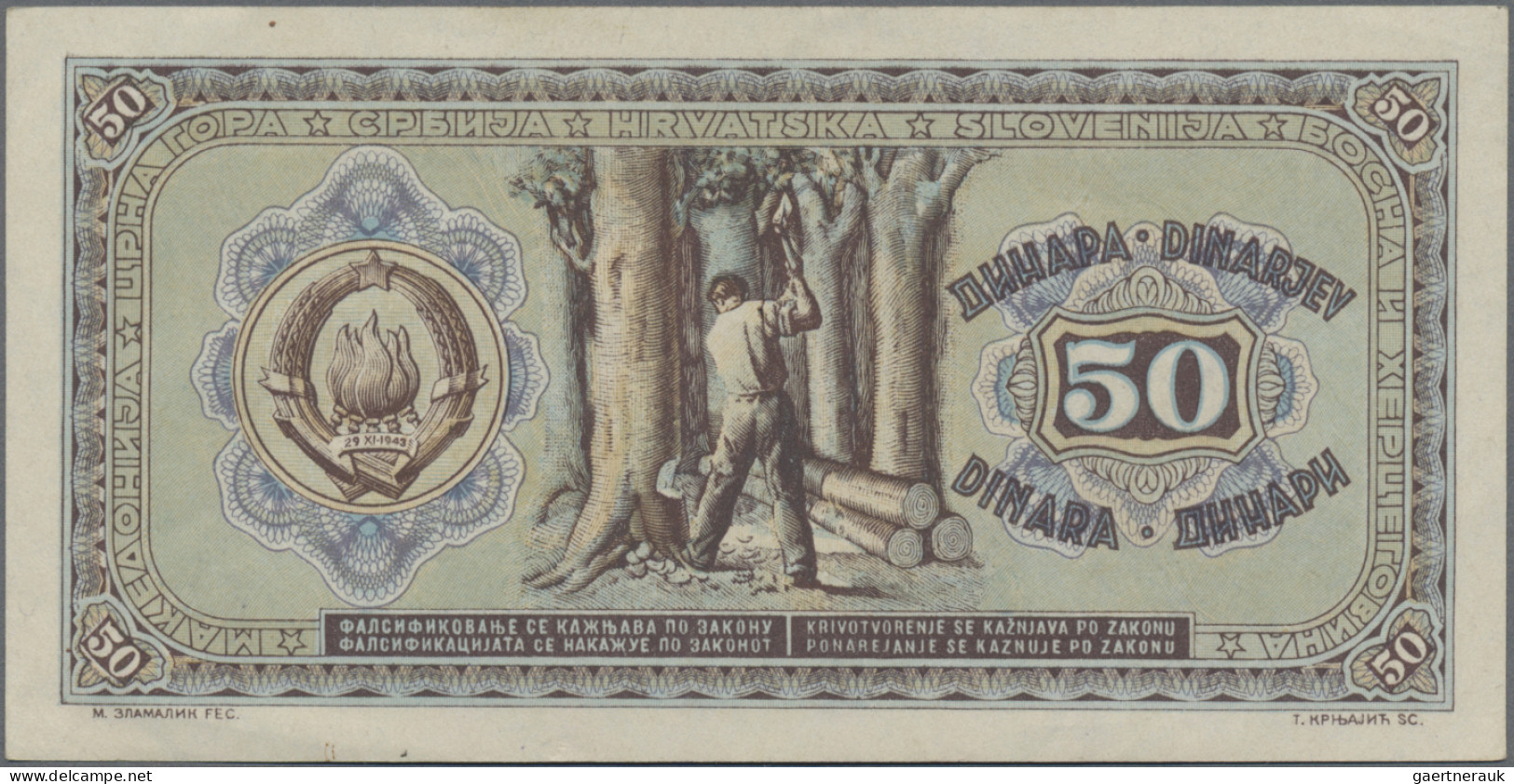 Yugoslavia: Set of 6 notes 50 Dinara 1945, P.64a. Condition: VF to UNC. (6 pcs.)