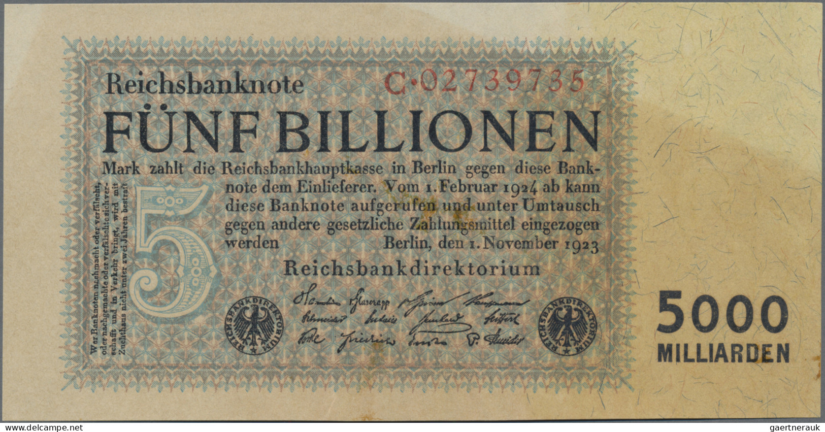 Deutschland - Deutsches Reich Bis 1945: Reichsbanknote 5 Billionen Mark Vom 01.1 - Other & Unclassified