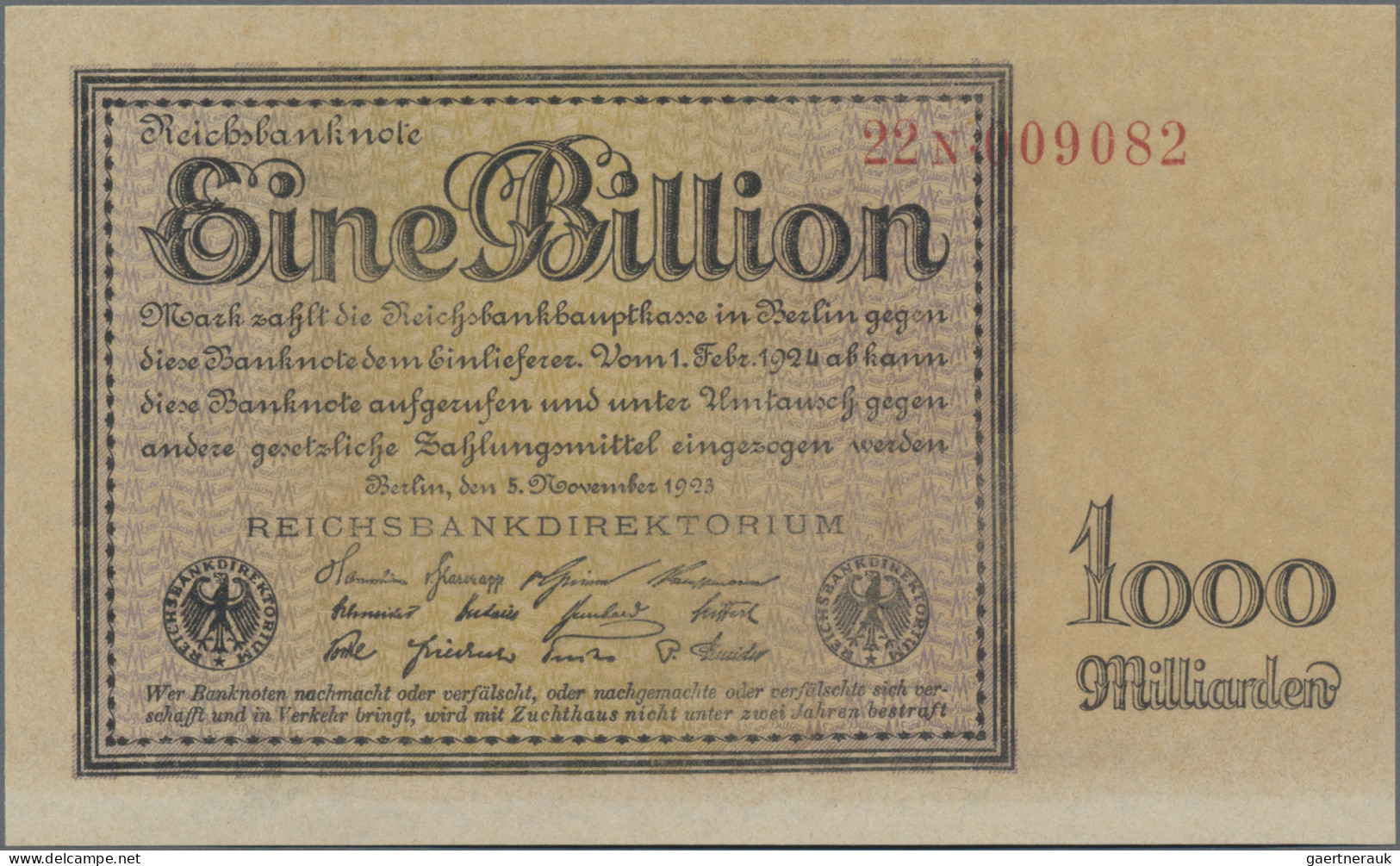 Deutschland - Deutsches Reich Bis 1945: Reichsbanknote 1 Billion Mark Vom 05.11. - Other & Unclassified