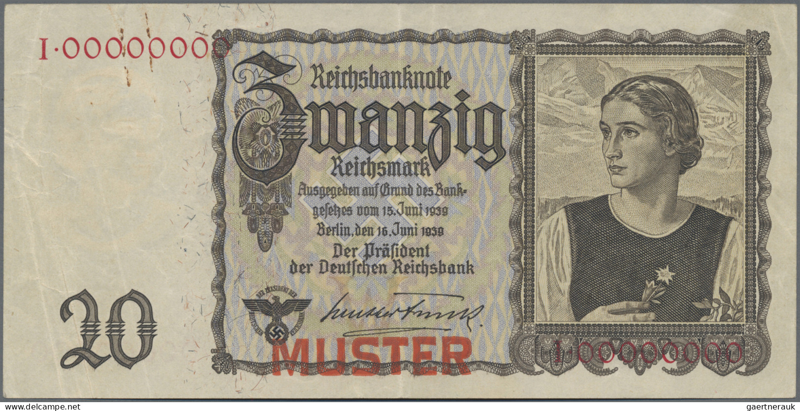 Deutschland - Deutsches Reich Bis 1945: Reichsbanknote, 20 Reichsmark 1939 MUSTE - Other & Unclassified