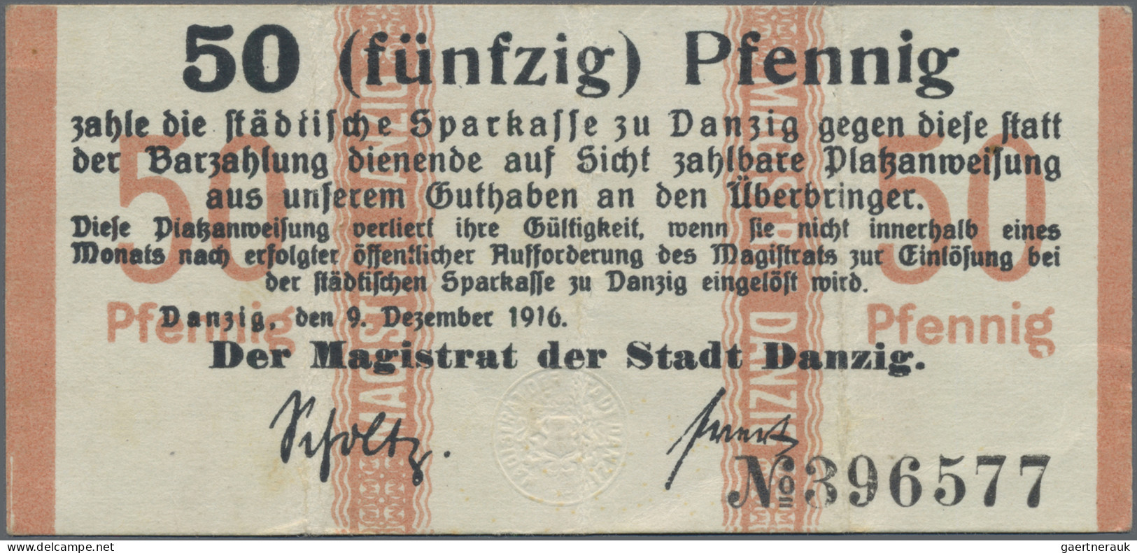 Deutschland - Nebengebiete Deutsches Reich: Danzig, Stadt, 10 Pf. (Erh. I), 50 P