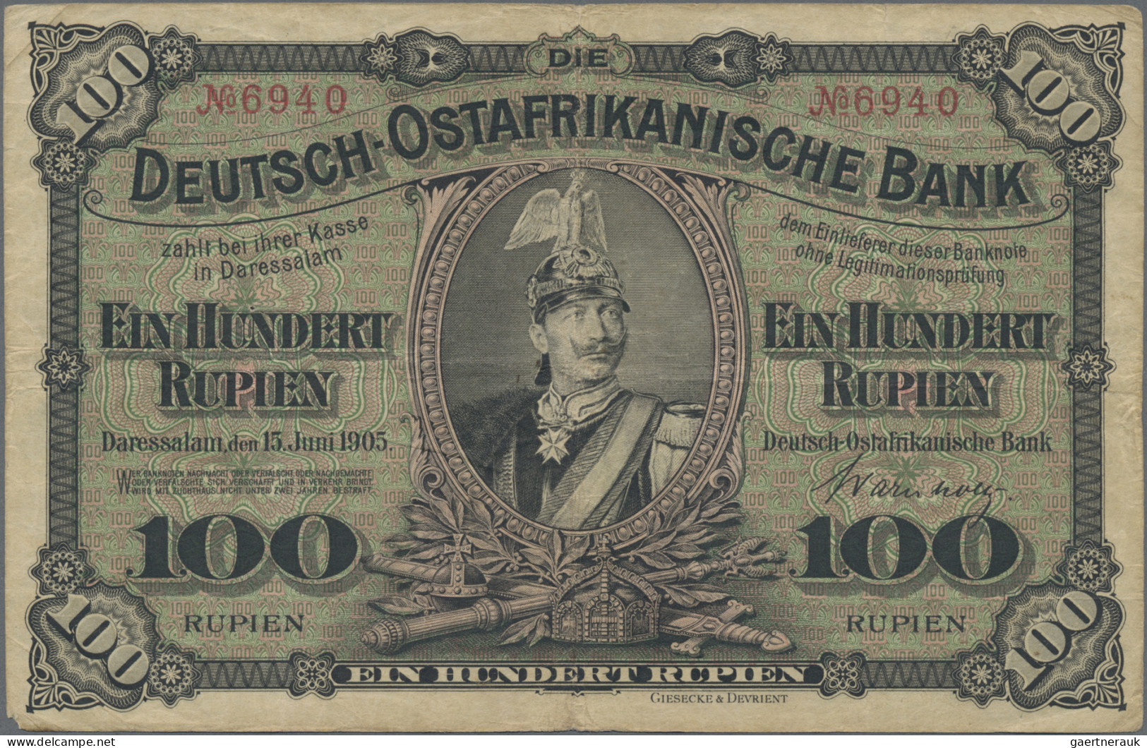 Deutschland - Kolonien: Deutsch-Ostafrikanische Bank, 100 Rupien 1905, 4-stellig - Other & Unclassified