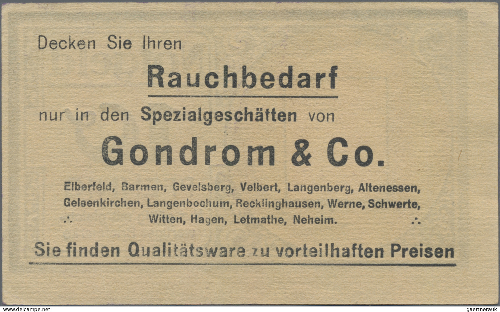Deutschland - Briefmarkennotgeld: Elberfeld, Rheinland, Gondrom & Co., Rauchbeda - Autres & Non Classés