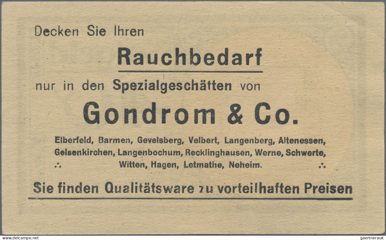 Deutschland - Briefmarkennotgeld: Elberfeld, Rheinland, Gondrom & Co., Rauchbeda - Autres & Non Classés