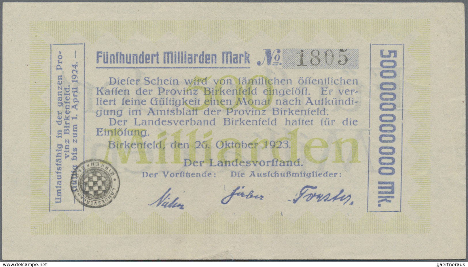 Deutschland - Länderscheine: Birkenfeld, Landesvorstand, 2 X 500 Mrd. Mark, 26.1 - Other & Unclassified