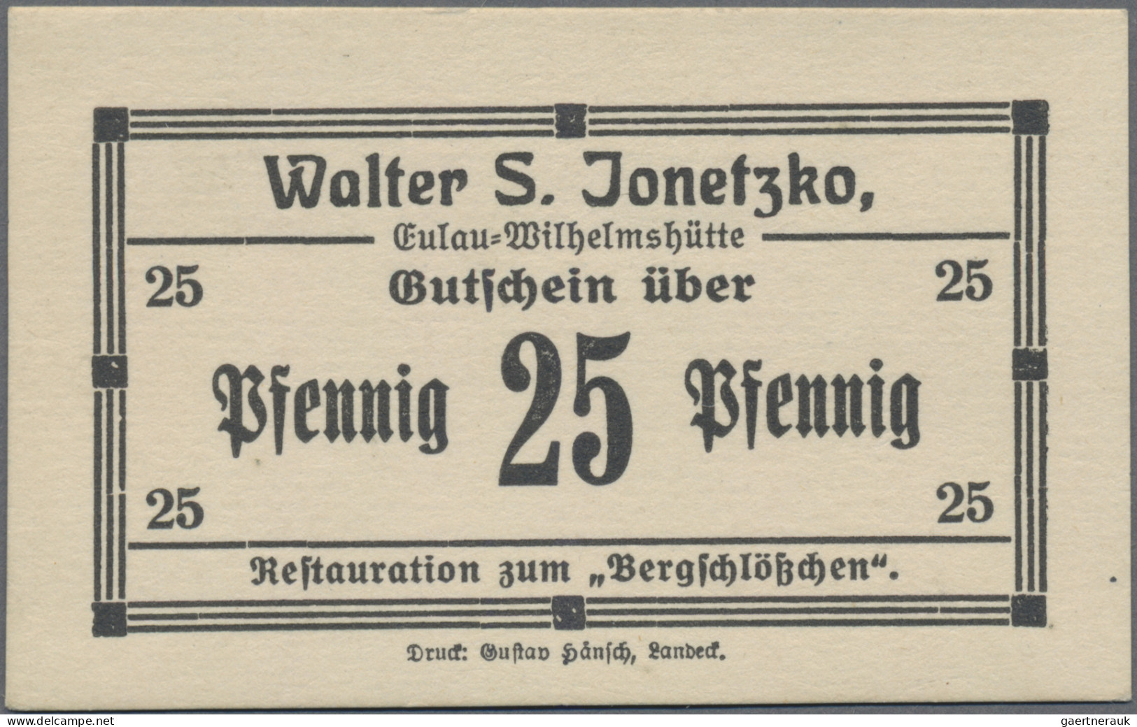 Deutschland - Notgeld - Ehemalige Ostgebiete: Groß-Eulau, Walter S. Jonetzko, Re - Autres & Non Classés