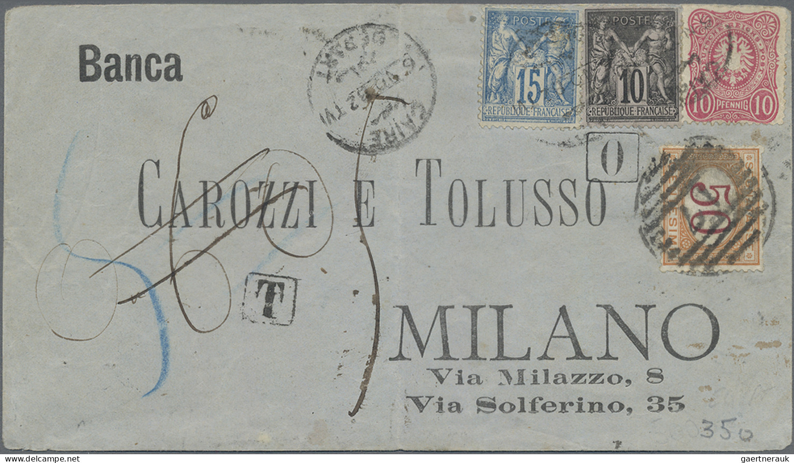 Egypt: 1882 Printed Bank Cover From Cairo To Milano Franked By French 15c. And 1 - 1915-1921 Brits Protectoraat