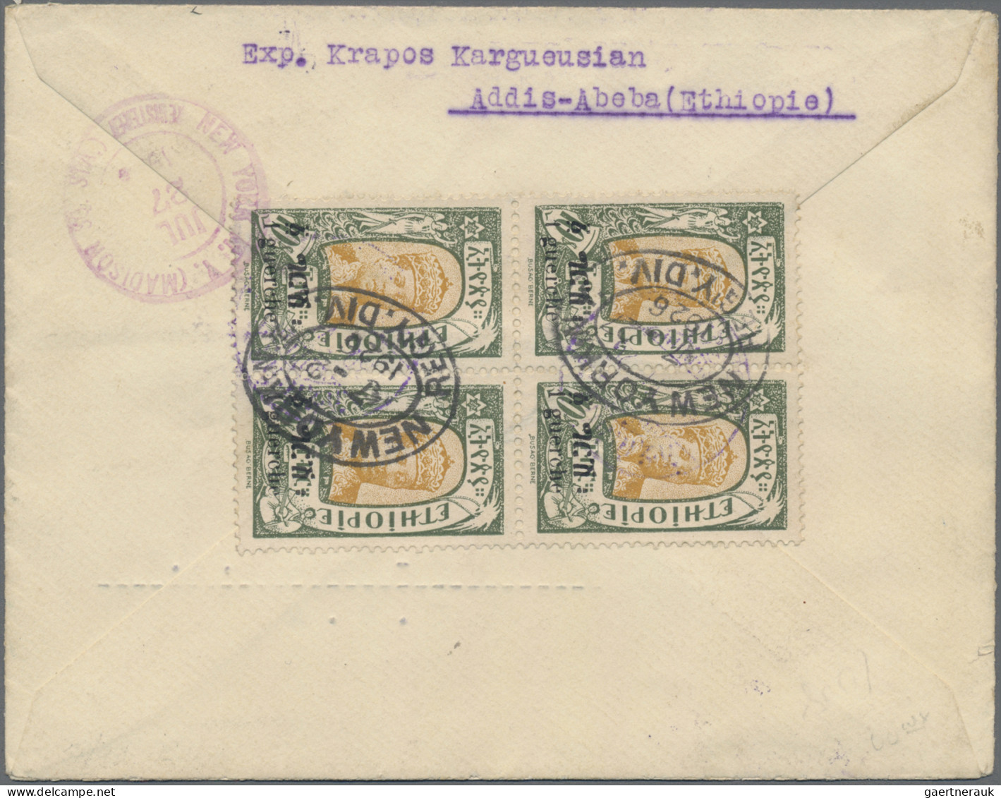 Ethiopia: 1926, 1g. On $10 Olive-green/ocre, Block Of Four On Reverse Of Registe - Ethiopie