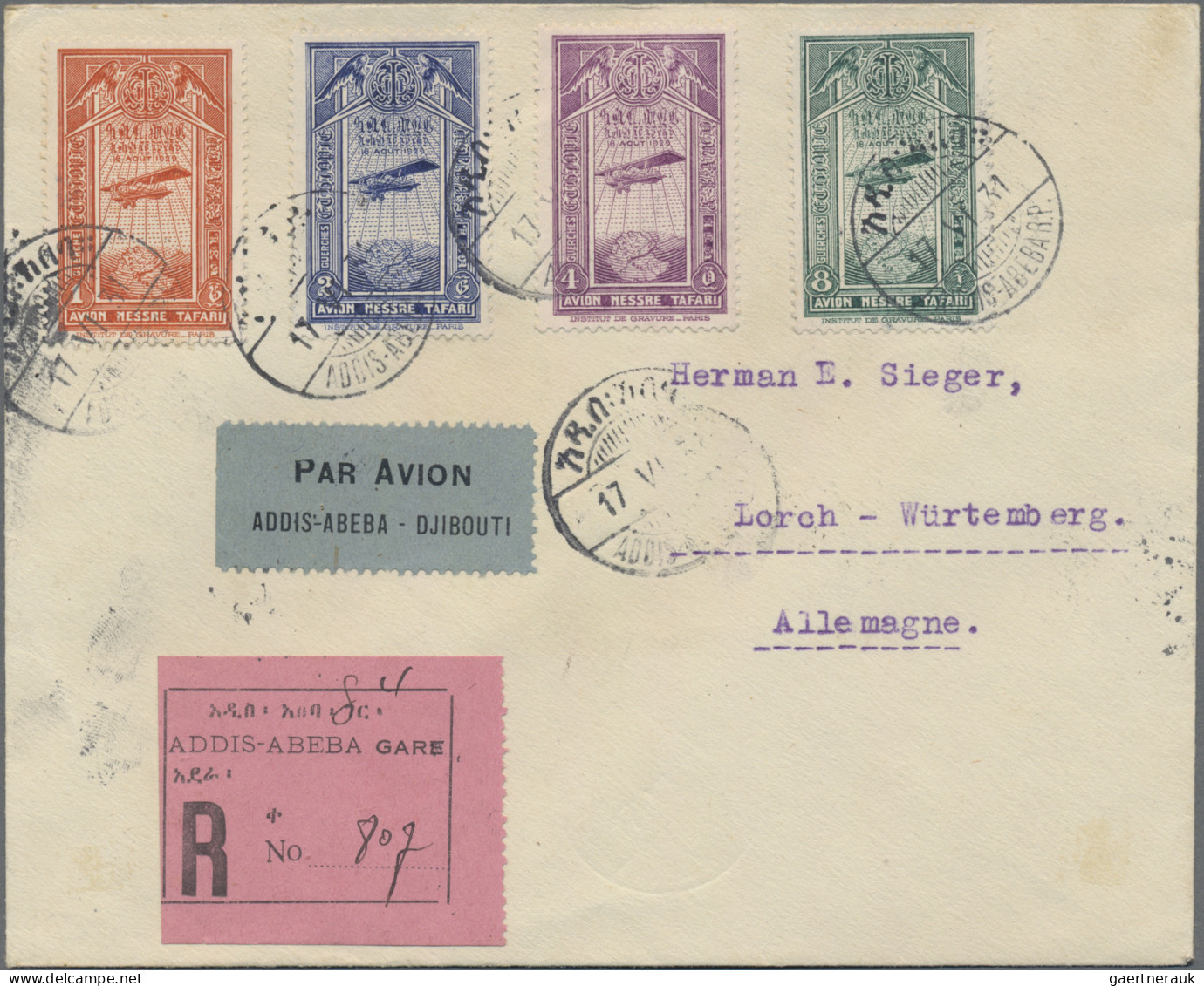 Ethiopia: 1931, Airmails, 1g.-8g., Four Values On Registered Airmail Cover From - Ethiopie