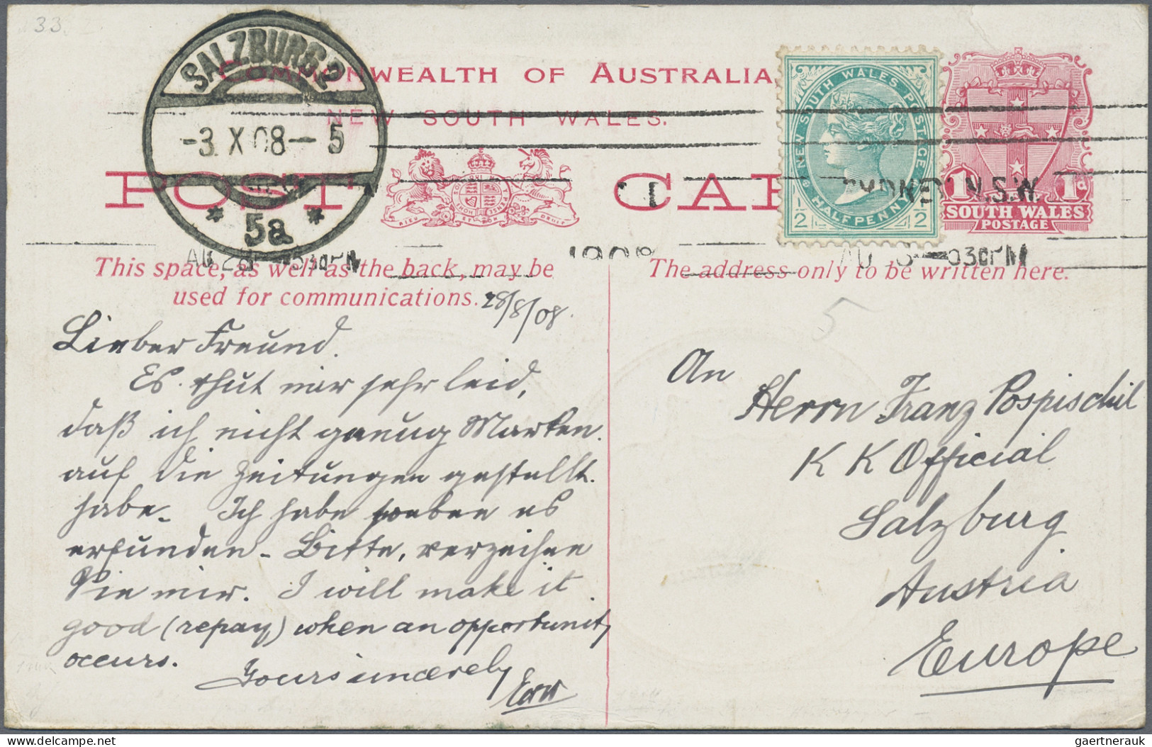New South Wales: 1908 (28.8.), Stat. Postcard 1d. Red For The Visit Of The AMERI - Storia Postale