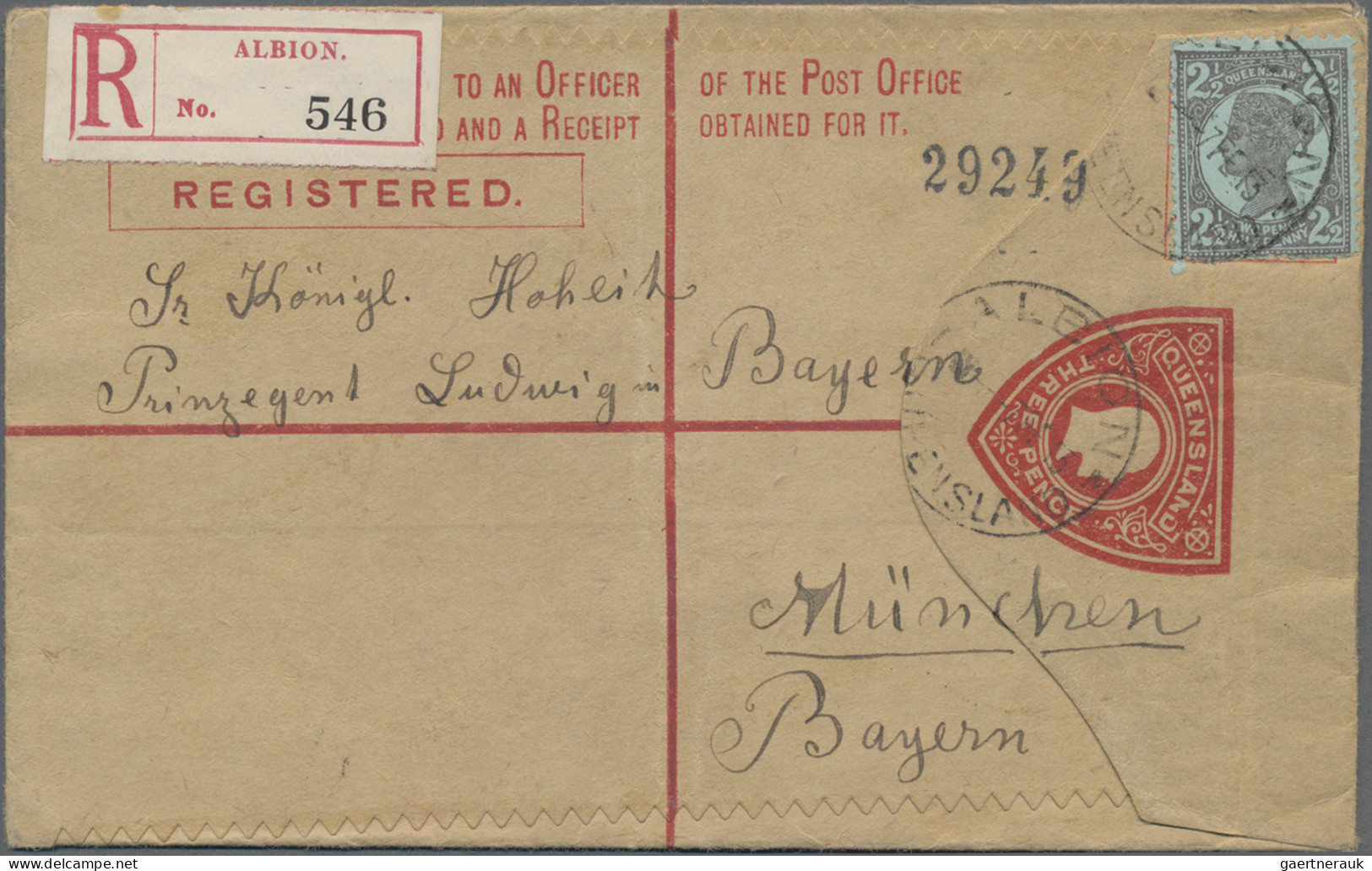 Queensland - Postal Stationery: 1913, 3d Red KEVII Registered Envelope Uprated W - Covers & Documents