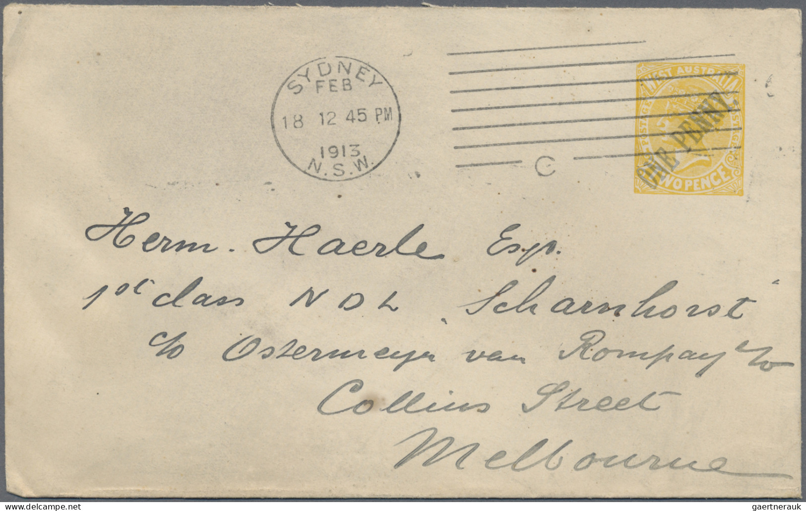 Western Australia: 1913 (18.12.), Stat. Envelope QV 2d. Yellow Surcharged In Blu - Briefe U. Dokumente