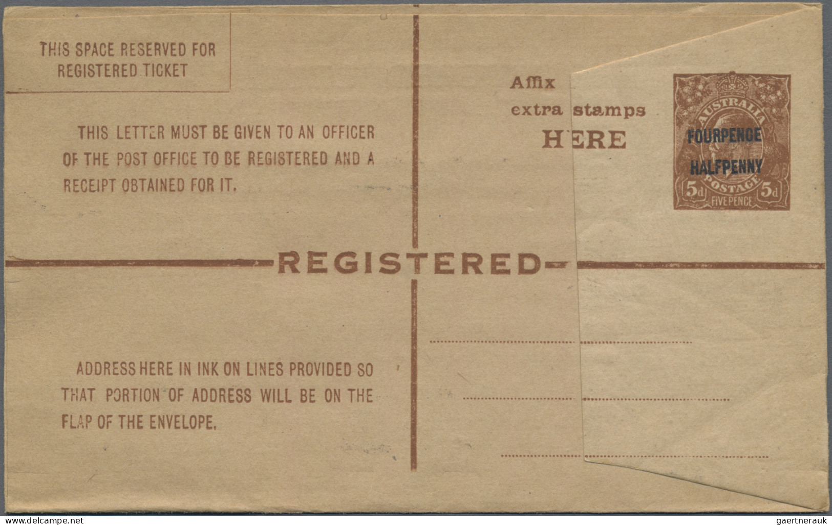 Australia - Postal Stationery: 1923, FOURPENCE/HALFPENNY On 5d Brown KGV Registr - Interi Postali