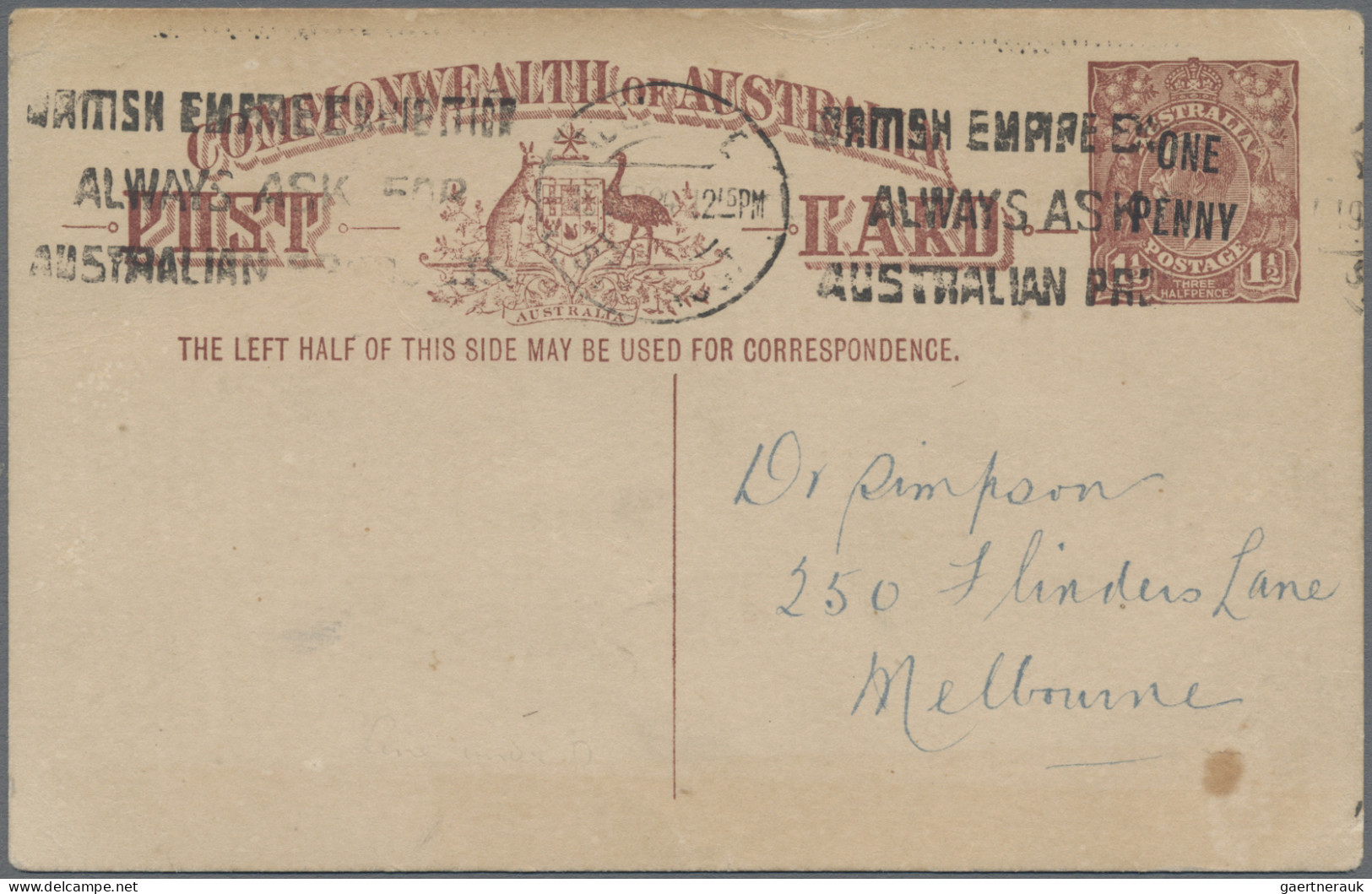 Australia - Postal Stationery: 1924, ONE/PENNY On 1 ½d Red-brown KGV Postcard Wi - Enteros Postales