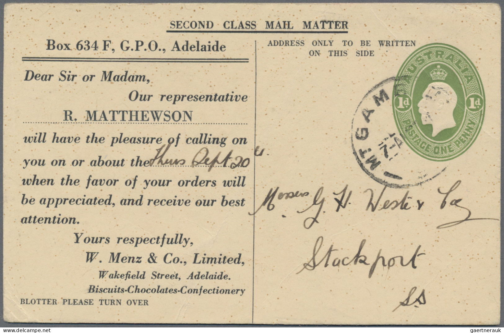 Australia - Postal Stationery: 1928, 1d Green KGV Embossed Stamped-to-order BLOT - Entiers Postaux