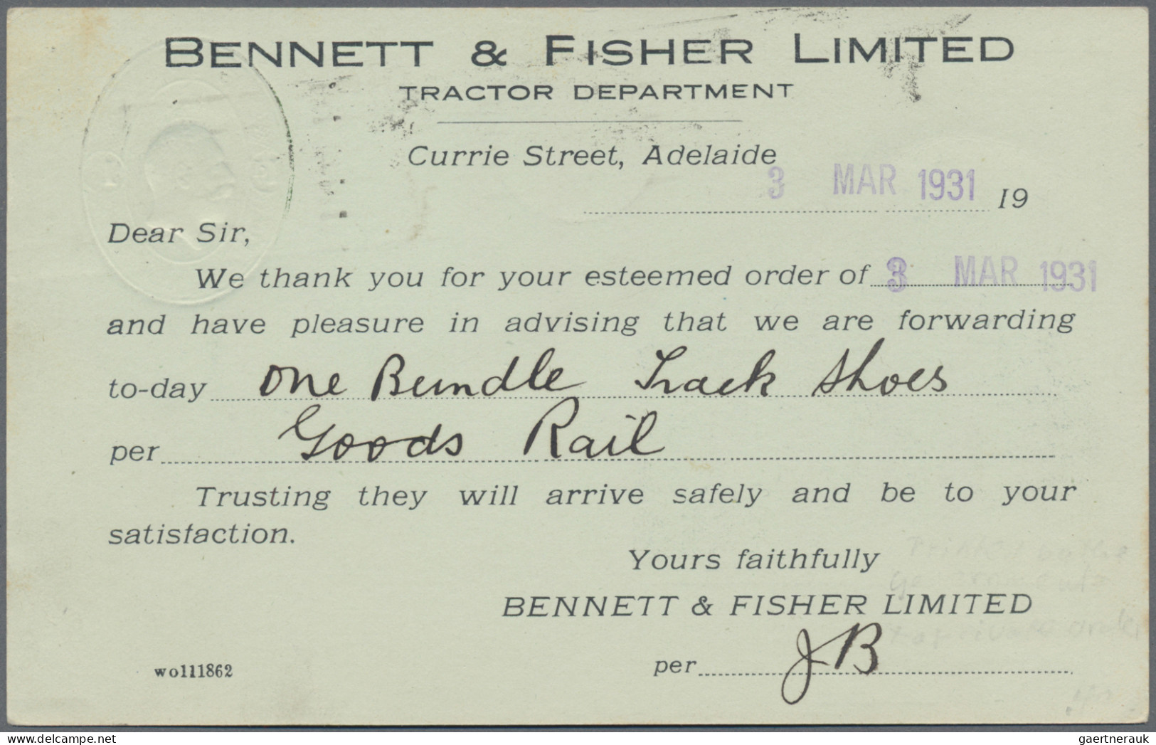 Australia - Postal Stationery: 1931, 1d Green KGV Embossed Stamped-to-order Post - Enteros Postales