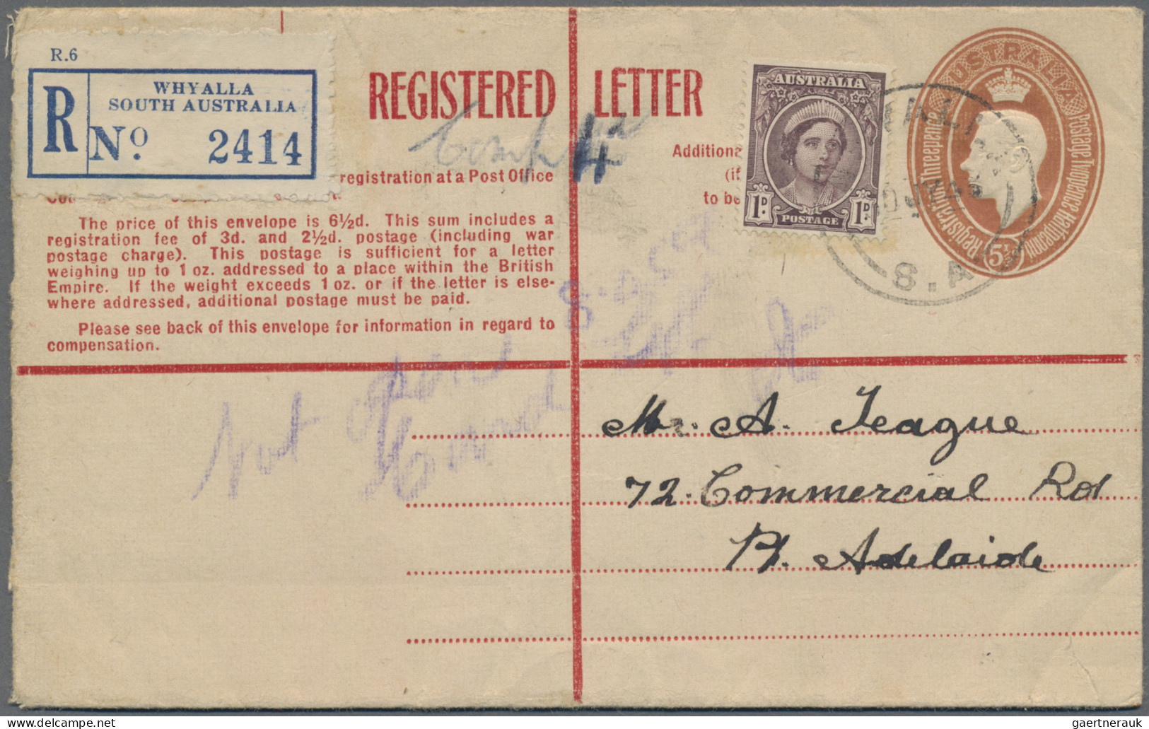 Australia - Postal Stationery: 1942, 5 ½d Brown KGVI Registration Envelope, Red - Postal Stationery