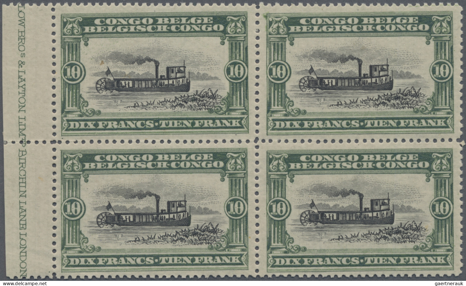 Belgian-Congo: 1910: 10 Fr. Block Of Four With Marginal Data Of The Printing Pla - Ungebraucht