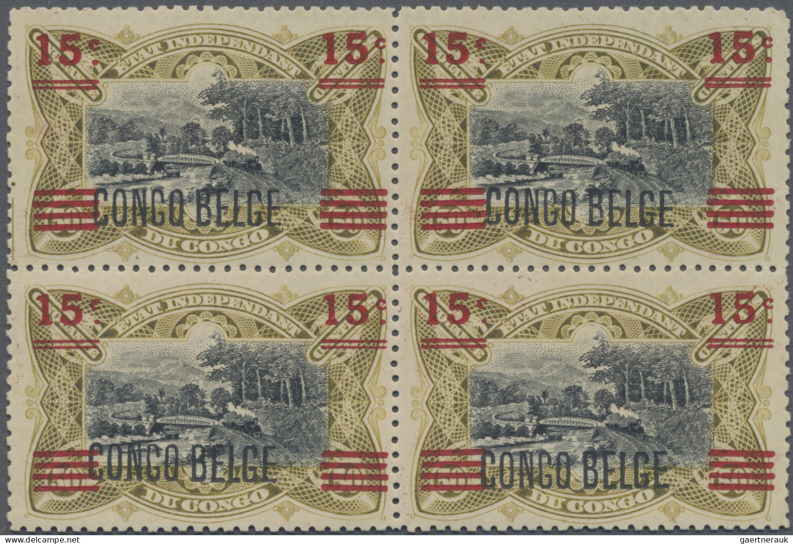 Belgian-Congo: 1921: Block Of Four 15 C. On 50 C. With "CONGO BELGE", Mint Never - Ongebruikt
