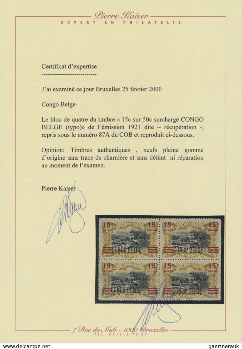 Belgian-Congo: 1921: Block Of Four 15 C. On 50 C. With "CONGO BELGE", Mint Never - Ongebruikt