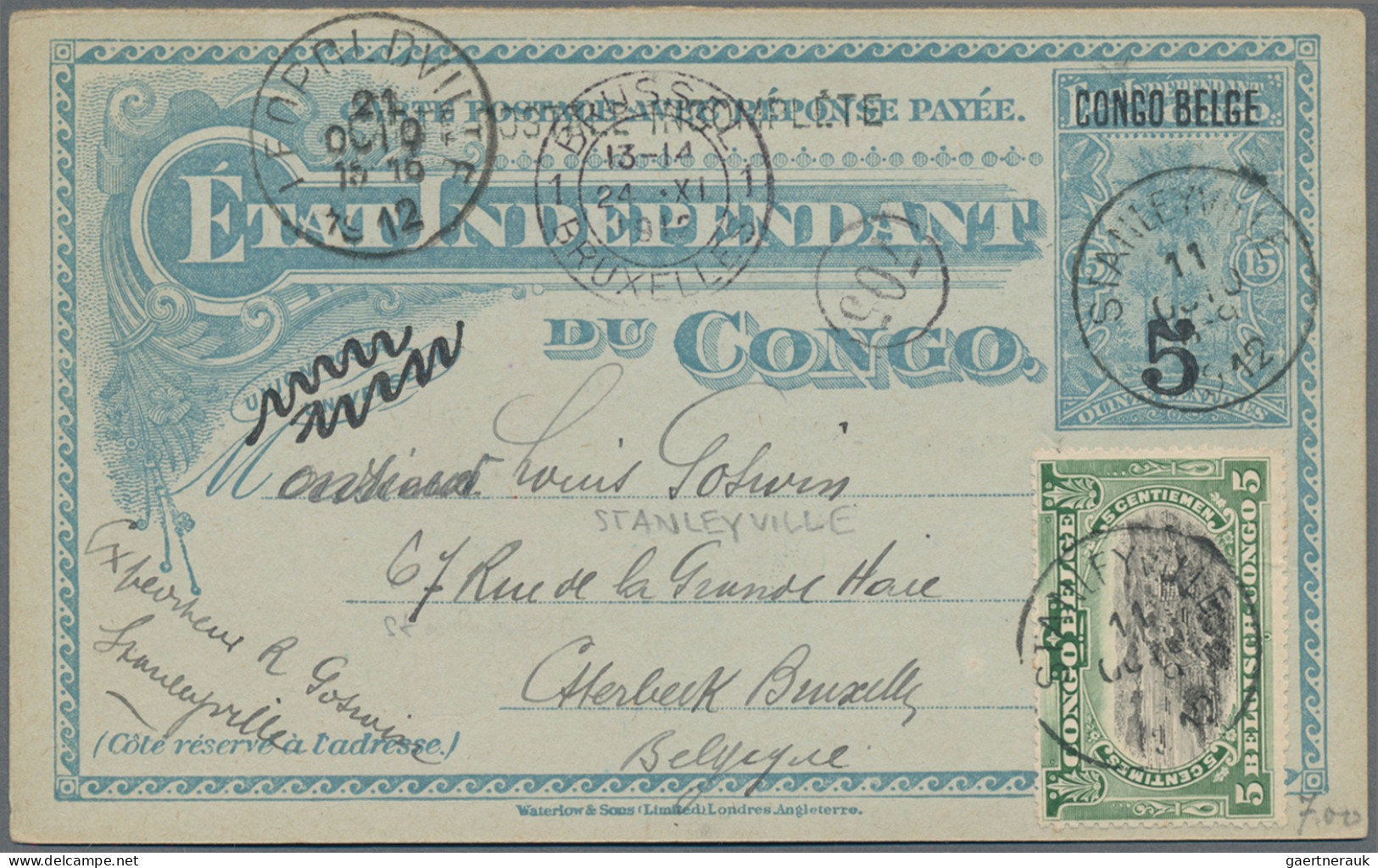 Belgian Congo  - Postal Stationery: 1892, Card 5 C. / 15 C. Uprated 5 C. "Stanle - Other & Unclassified