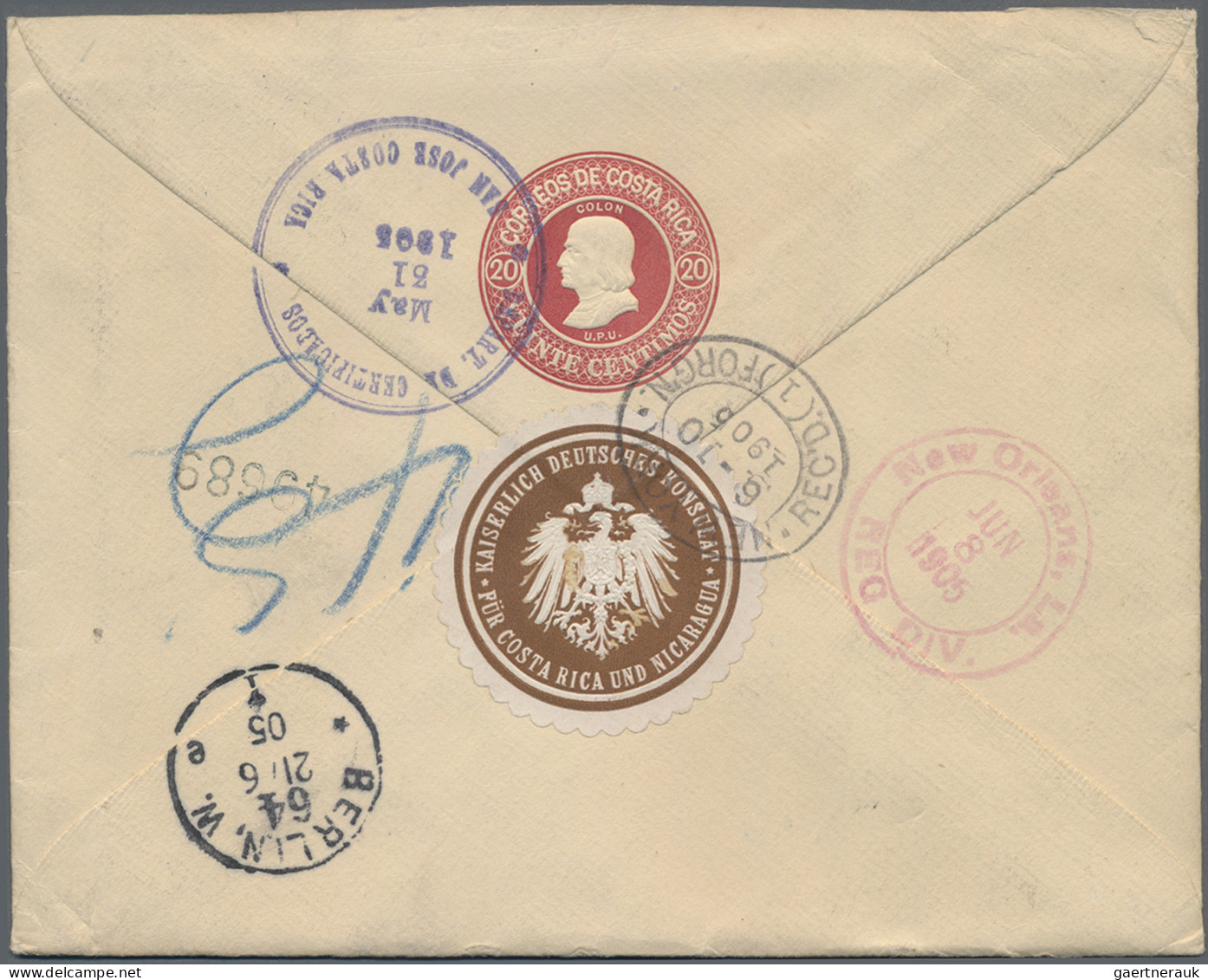 Costa Rica - Postal Stationry: 1905, Registration Envelope 20 C. Canc. ""Certifi - Costa Rica