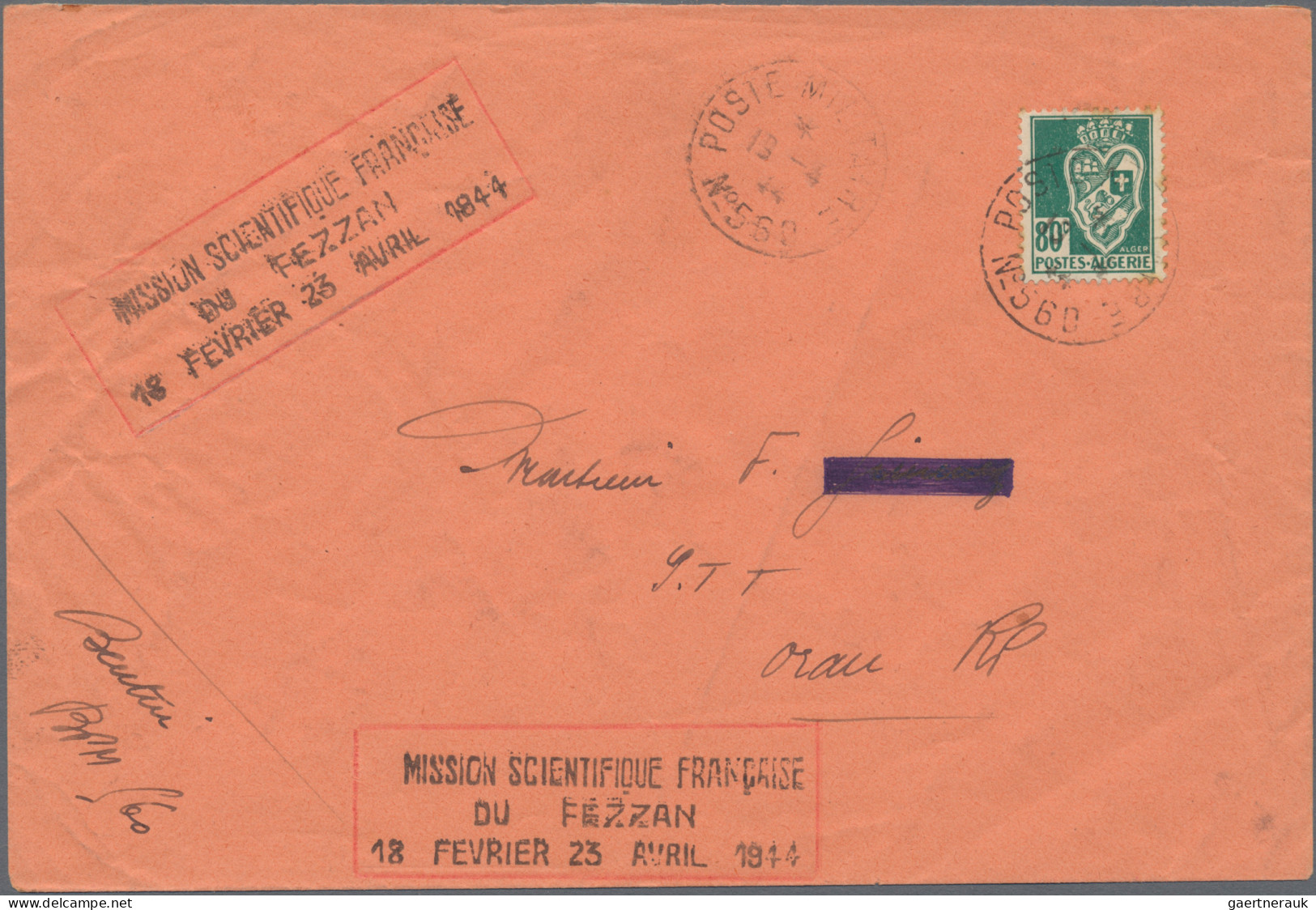 Fezzan: 1944, Algerian 80 C Green Tied By "POSTE MILITAIRE N°560 19-4-44" To Cov - Storia Postale