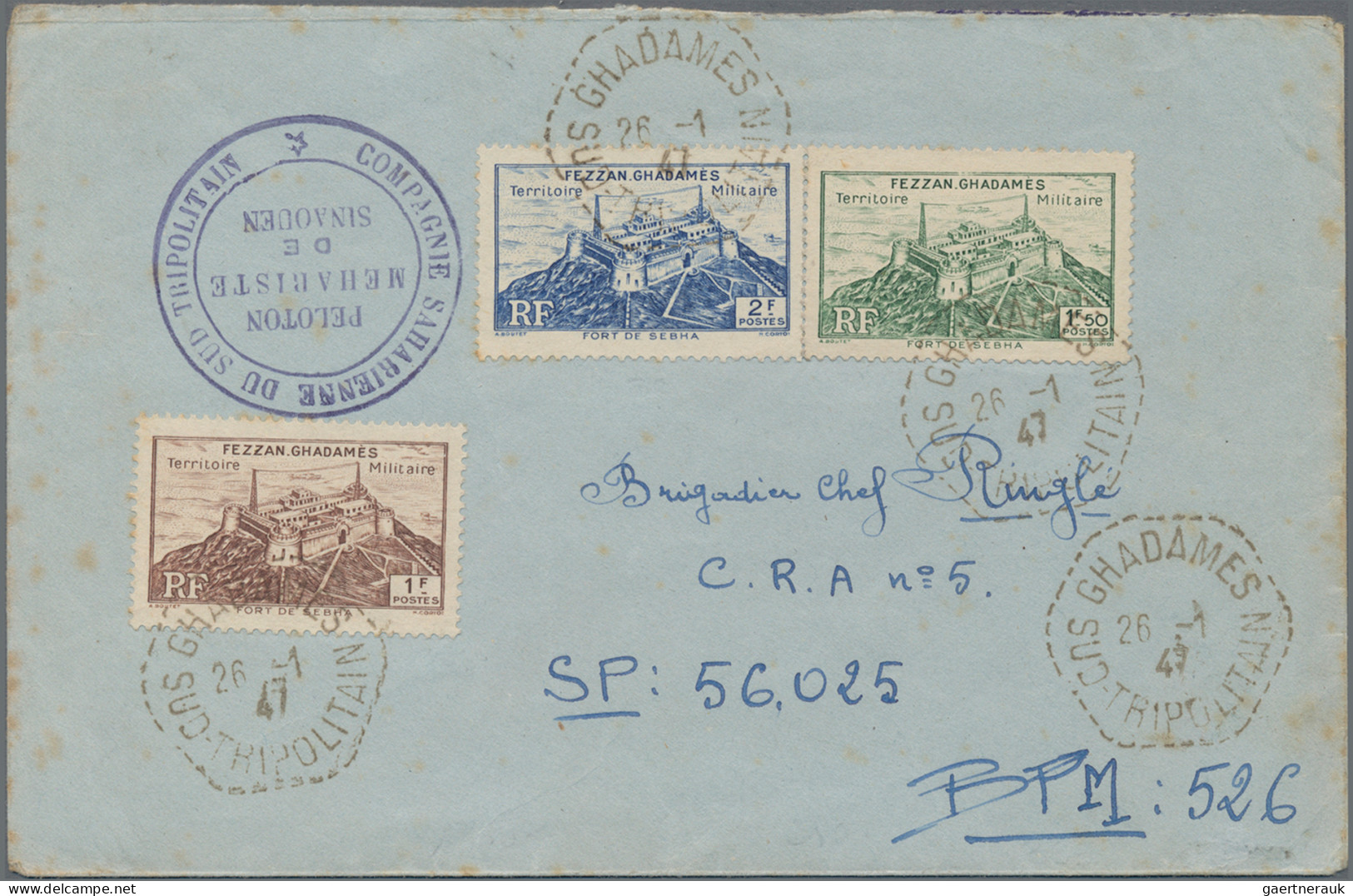 Fezzan: 1947, 1 Fr Brown, 1,50 F Green And 2 F Blue "Fort Sheba" Definitives Tie - Cartas & Documentos