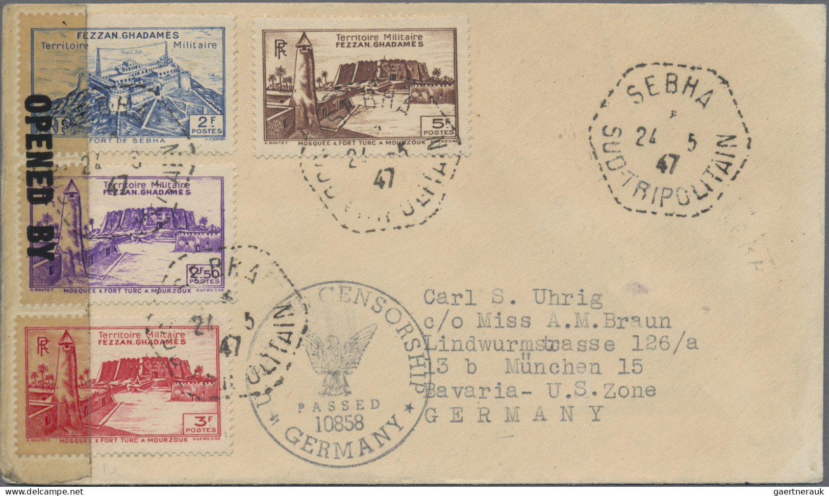 Fezzan: 1947, 2 F Blue "Fort Sebha" And 2.50 F Violet, 3 F Red And 5 F Brown "Mu - Storia Postale