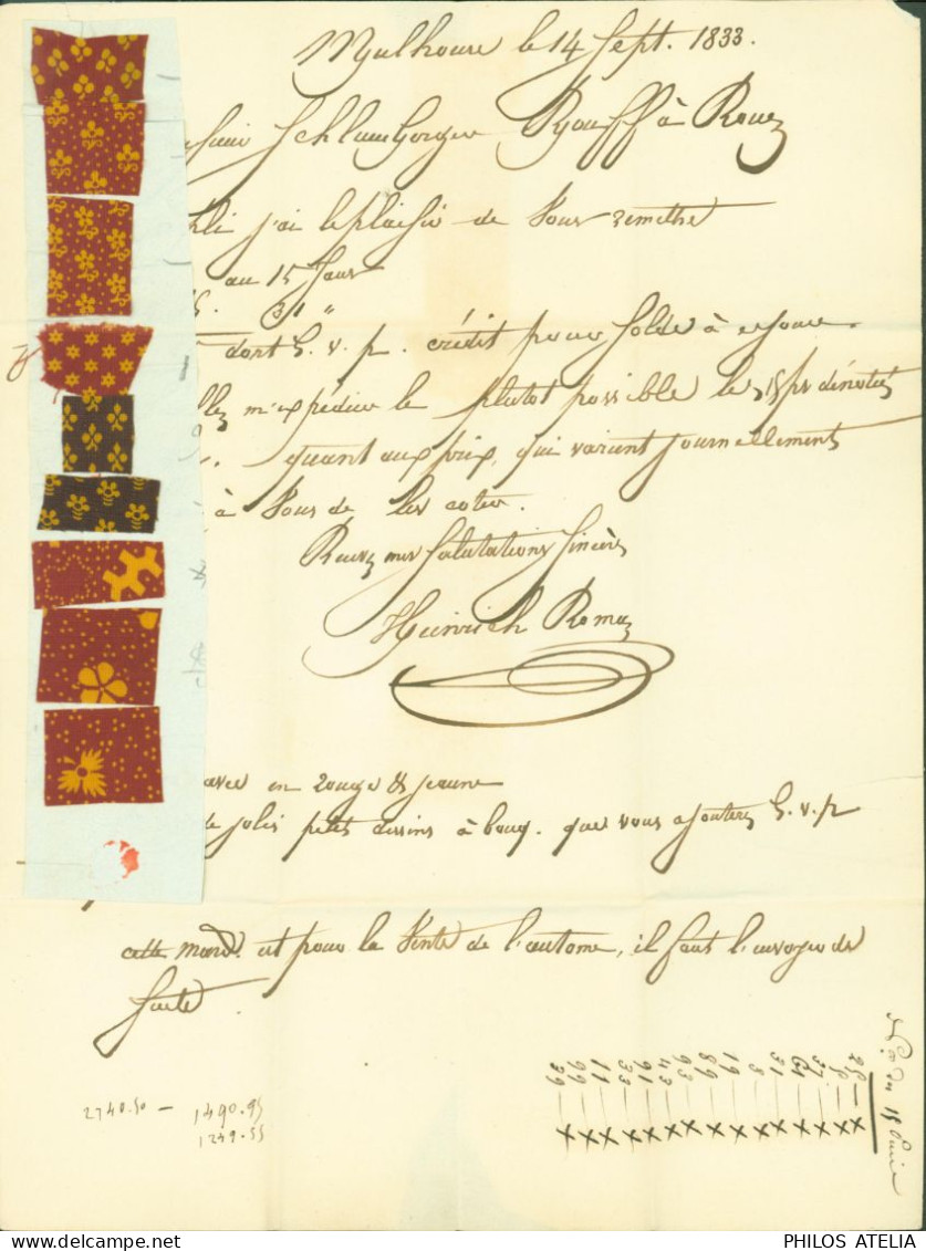 Lettre Avec échantillon De Tissus CAD T13 Mulhausen 15 SEPT 1833 Mulhouse Taxe Manuscrite 8 Pour Rouen - 1801-1848: Precursors XIX