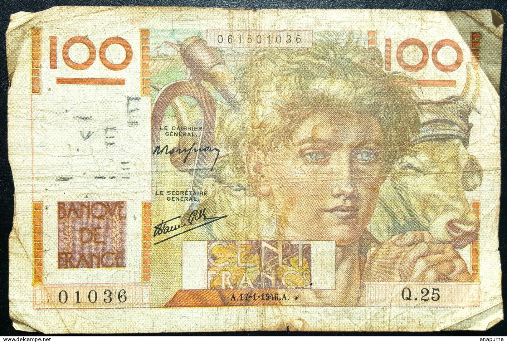 100 Francs JEUNE PAYSAN FRANCE 1946 F.28.02, Circulé, Fatigué - 100 F 1945-1954 ''Jeune Paysan''