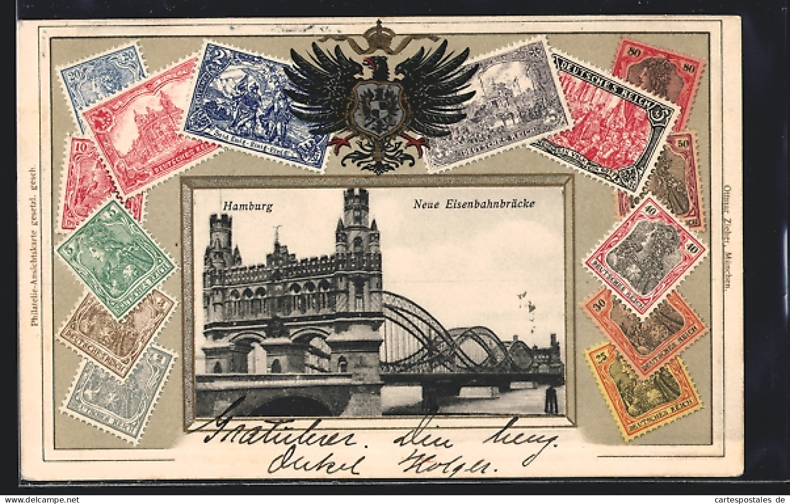AK Hamburg, Neue Eisenbahnbrücke, Briefmarken  - Briefmarken (Abbildungen)