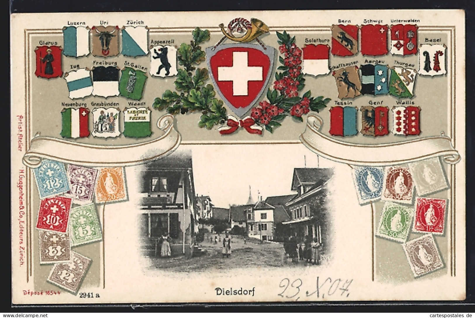 AK Dielsdorf, Strassenpartie, Briefmarken, Wappen  - Altri & Non Classificati