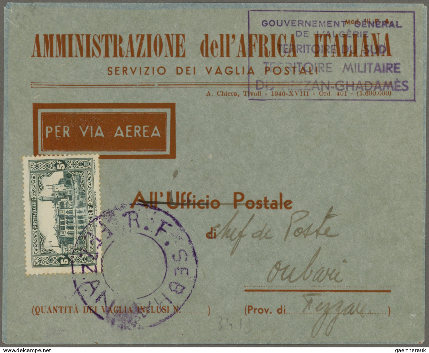 Fezzan: 1949 (ca), Algerian 4 Fr Definitive Tied By RARE Large, Violet Double Ci - Storia Postale