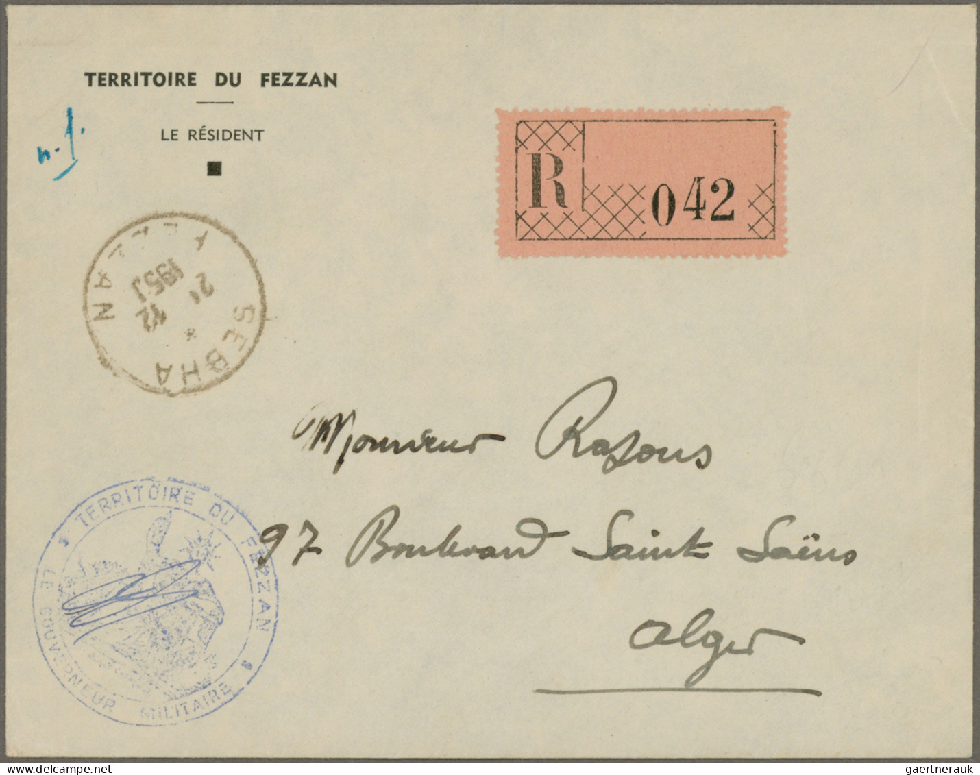 Fezzan: 1950, Registered, Free Of Charge Cover From Cds "SEBHA 21 12 1950 FEZZAN - Storia Postale