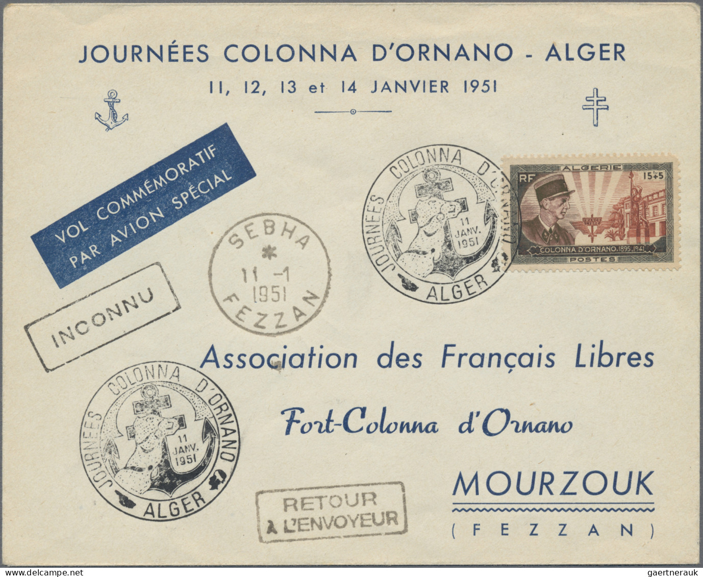 Fezzan: 1951, Algerian 15+5 Fr Commemorative For The 10th Anniversary Of The Dea - Storia Postale