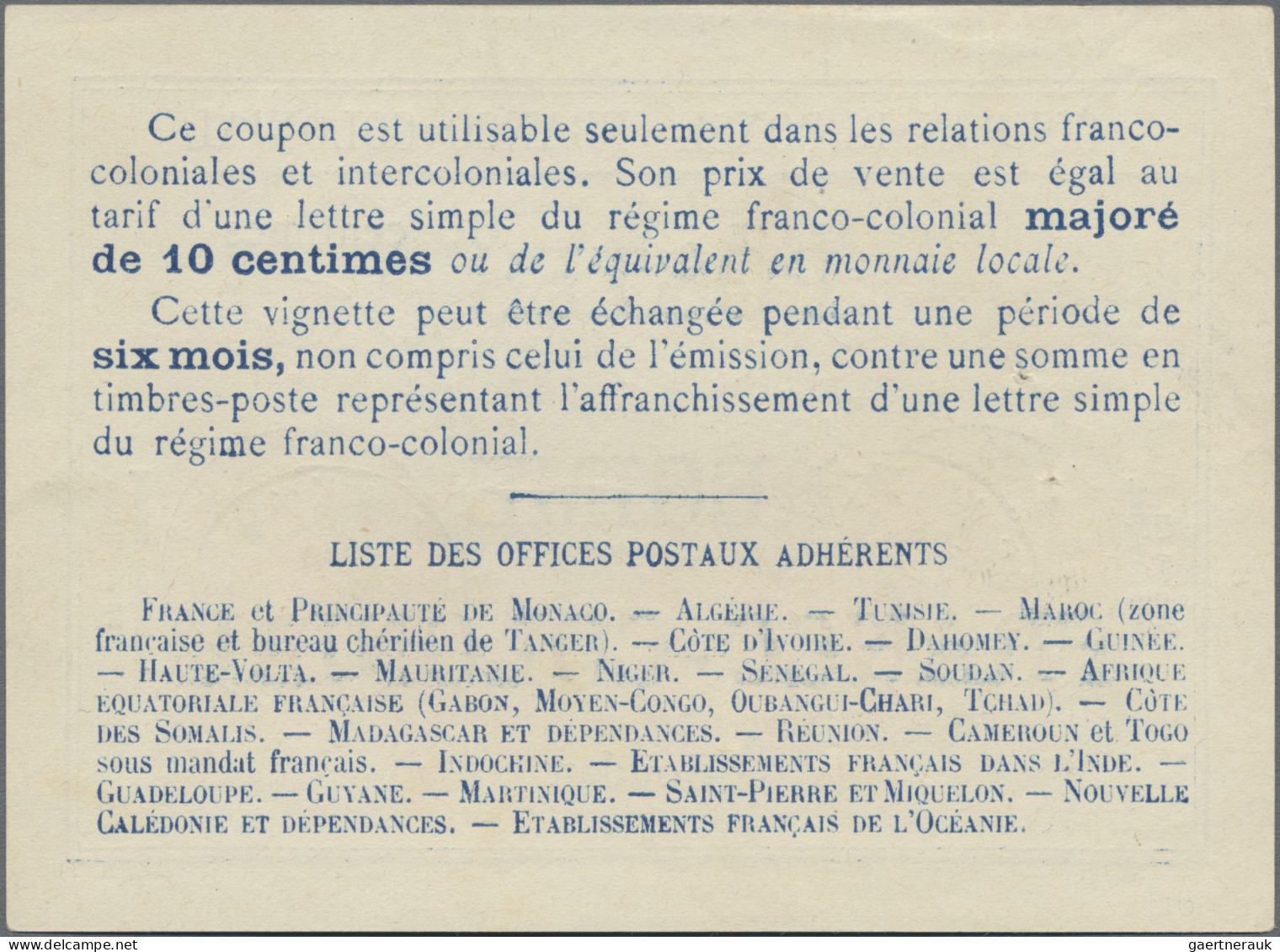 French Sudan: 1937 Intern. Reply Coupon "Franco-Colonial" 60c. With "KAYES/8 MAI - Otros & Sin Clasificación