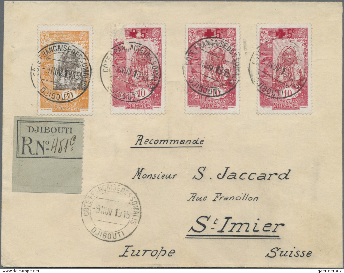 French Somali Coast: 1915/1918, Two Registered Covers From Djibouti To Switzerla - Storia Postale