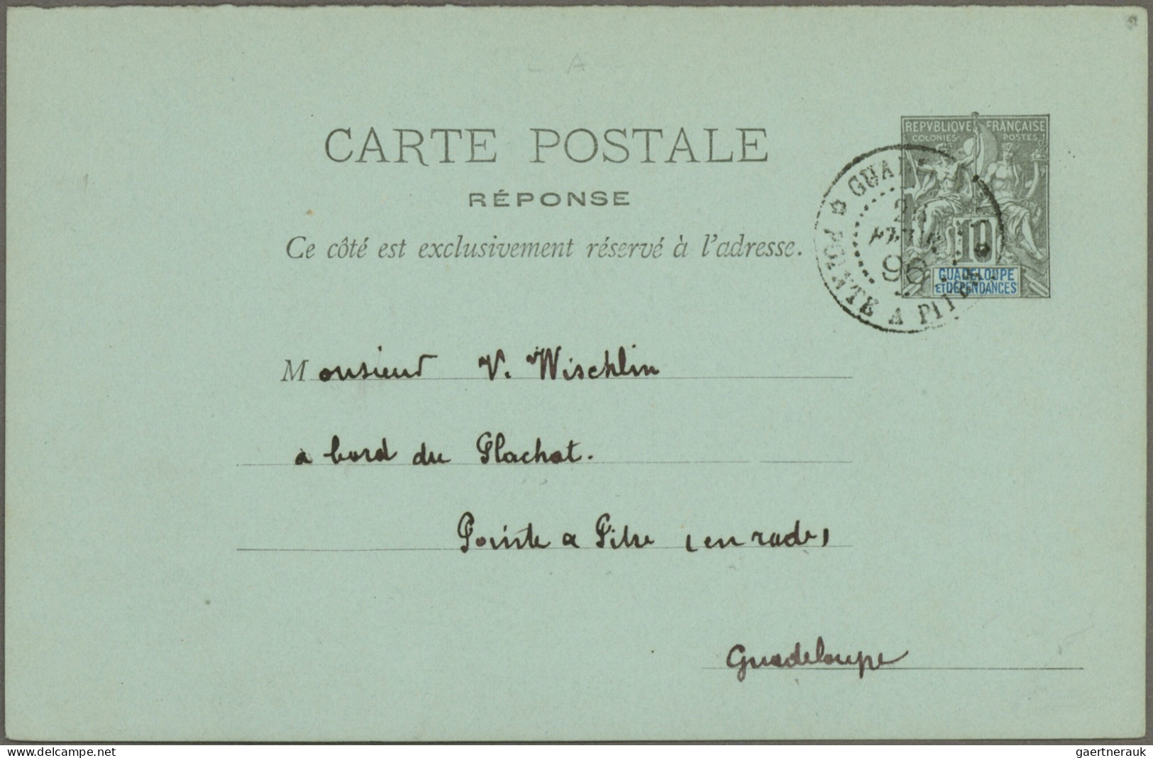 Guadeloupe: 1895/1897, Three Used Stationeries: Card 10c. Black On Green Commerc - Altri & Non Classificati