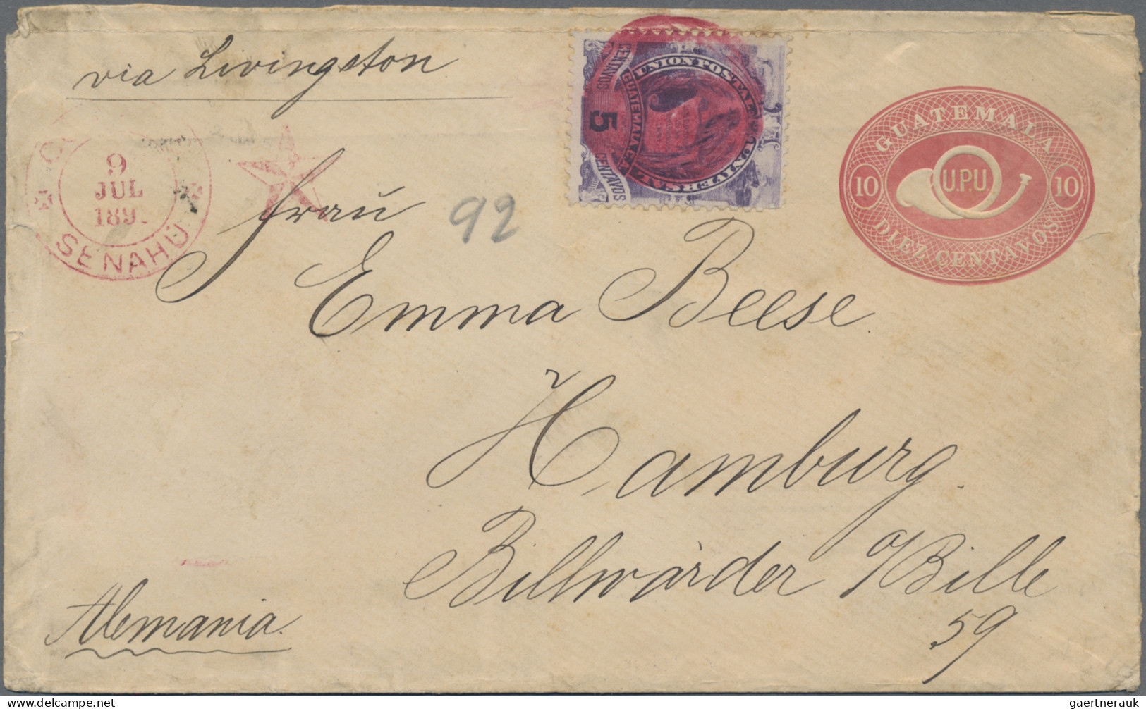 Guatemala - Postal Stationery: 1892, 10 C Red Postal Stationery Envelope With 5 - Guatemala