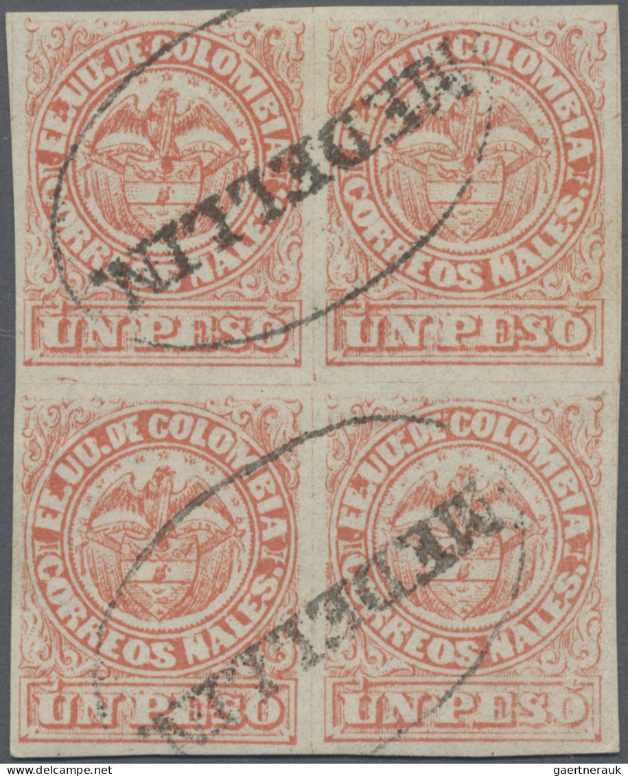 Columbia: 1868, 1 P. Pale Red, A Block Of Four Canc. Oval "MEDELLIN", Horizontal - Kolumbien